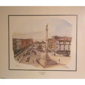 Casey Holtzinger, Commercial Place 1909, print, busy city street with monument