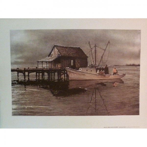 Kenneth Harris, Foggy Morning in Virginia, print, dock and fishing boat on bay