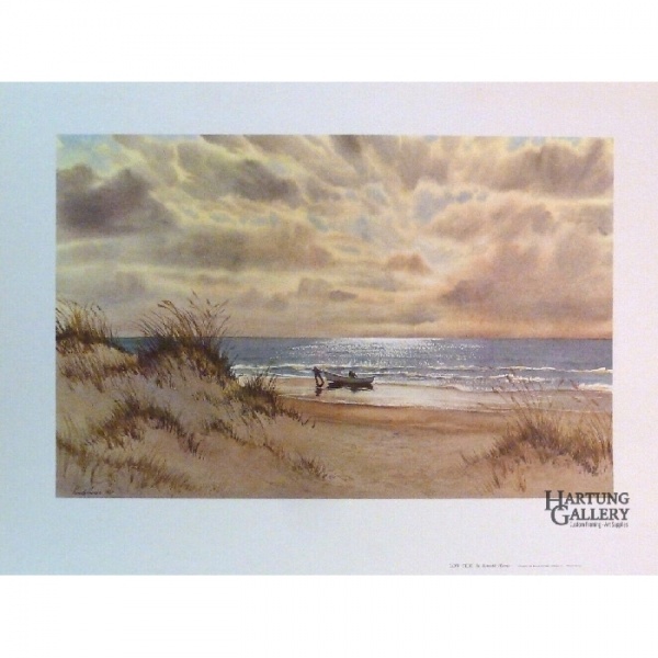 Kenneth Harris, Low Tide, print, beach with clouds, person with boat on shore