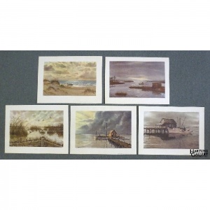 Kenneth Harris, set of 5 prints, beach, marsh, dock on bay, boats
