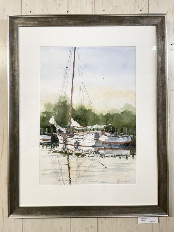 original watercolor painting of docked boat