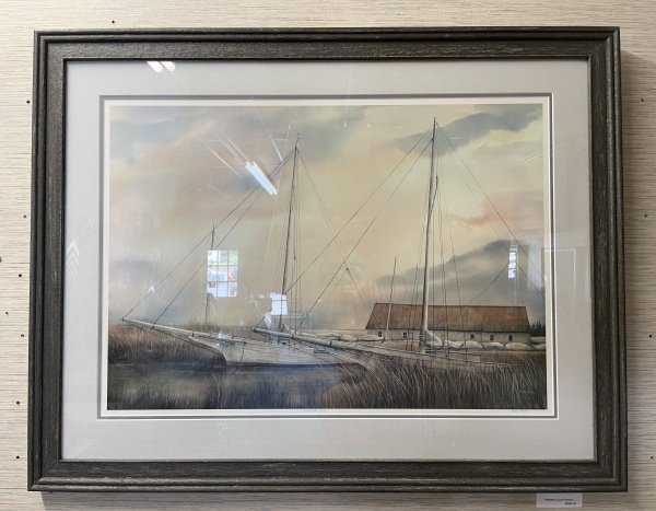 framed image of sailboats at dock
