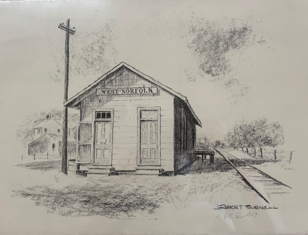 print of black and white drawing of small building by train tracks, West Norfolk Train Station by J. Robert Burnell