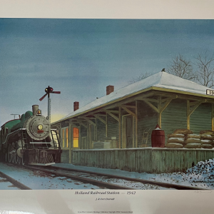 old railroad station with engine in snow