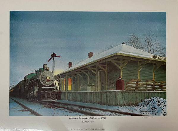 old railroad station with engine in snow