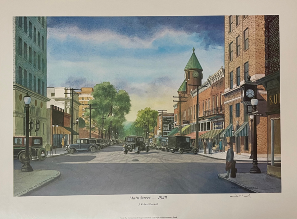 painting of historical Main Street in Suffolk, VA, 1925