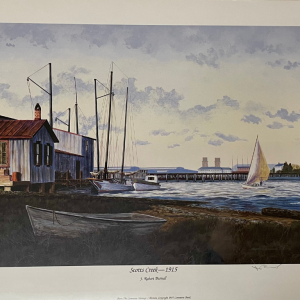 wharf and boats by water, historical painting