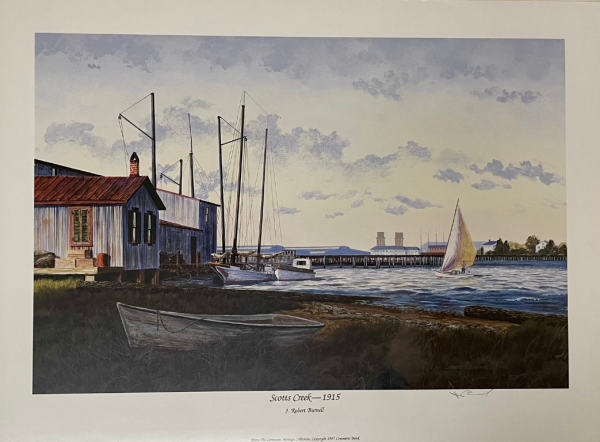 wharf and boats by water, historical painting