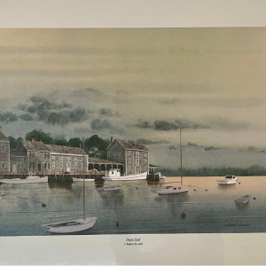 boats in harbor at twilight by dock