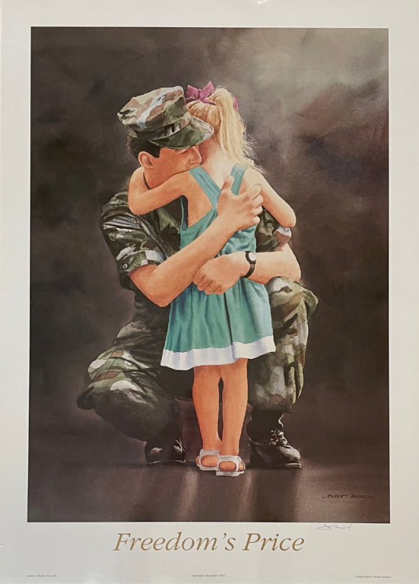 soldier in military fatigues embracing child