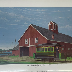 painting of barn and horse trolley