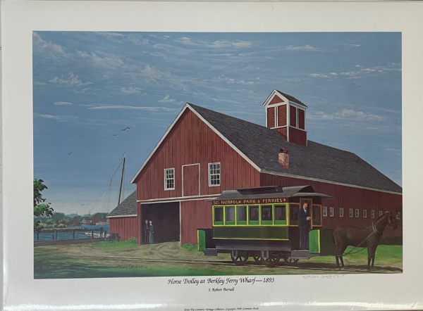 painting of barn and horse trolley