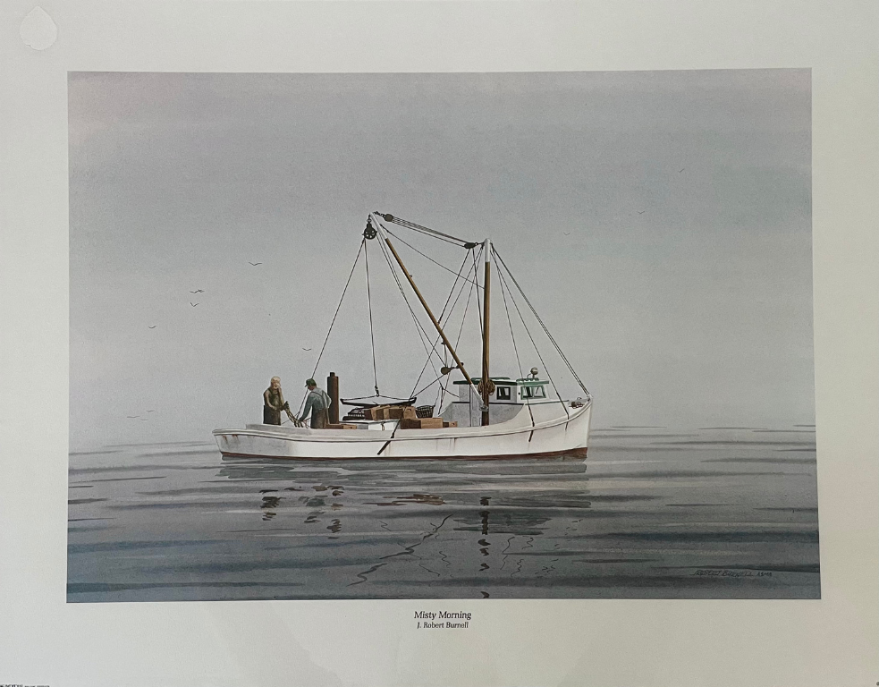 two fishermen with net on the water in boat, print of Misty Morning by Robert Burnell