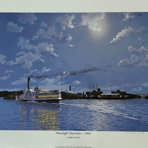 painting of riverboat by moonlight