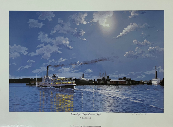painting of riverboat by moonlight