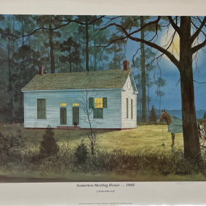 painting of Somerton meeting house in woods at night