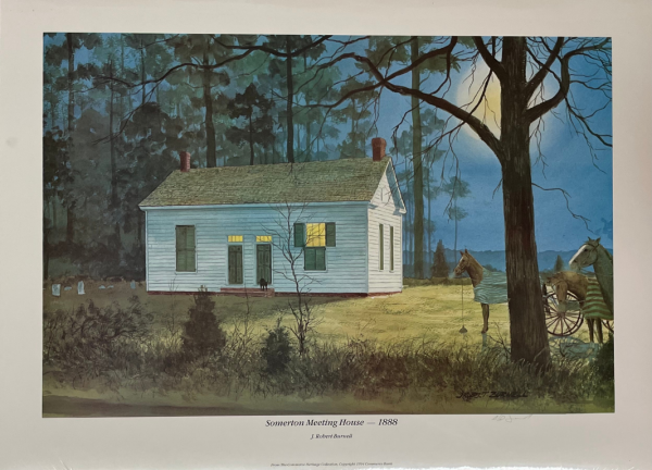 painting of Somerton meeting house in woods at night