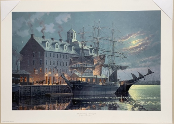 Masted ship in Old Boston harbor at night