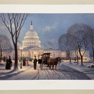 artwork of historical Capitol Hill with carriage, horse, and pedestrians.