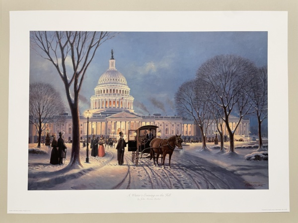 artwork of historical Capitol Hill with carriage, horse, and pedestrians.