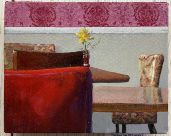 empty tables, yellow flower in vase, empty chairs, pink wall