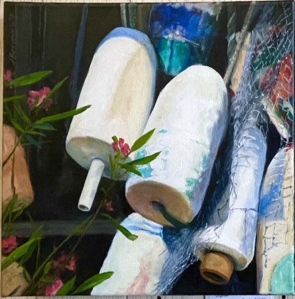 painting of crab floats, flowering oleander, weather wood and fishing net