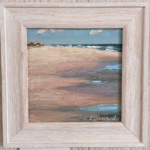 Oil painting of beach, ocean, and damp sand.