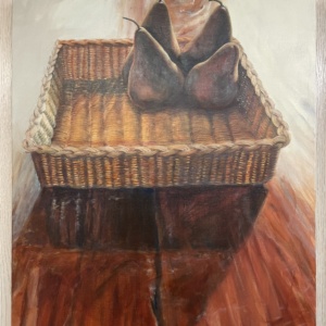 still life of graham pears in a basket in browns