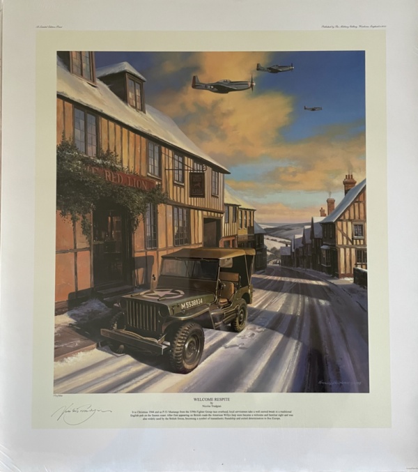 WW2 in England, Mustangs fly over a street at sunset.