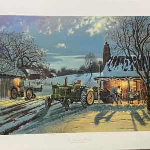 tractor and farm home in a snowy field at night with farmer and family
