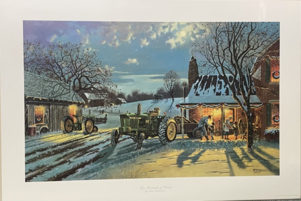 tractor and farm home in a snowy field at night with farmer and family
