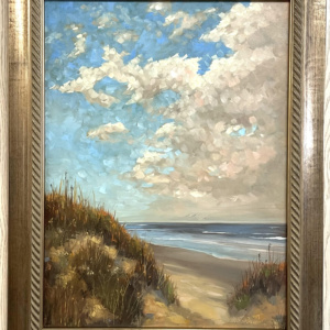 beach oil painting, dune grass, ocean, towering clouds