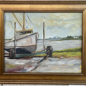 painting of work boat on trailer