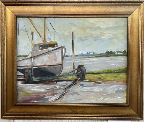 painting of work boat on trailer